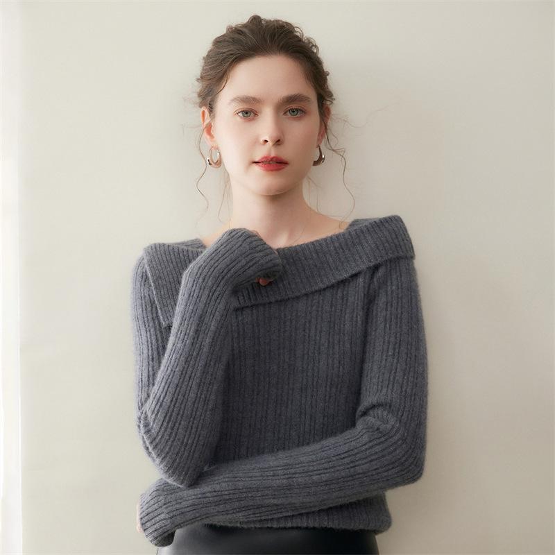 One-Shoulder Solid Color Cashmere Women's Ribbed Knit Sweater - Slimming Lazy Style for Autumn/Winter New Arrivals