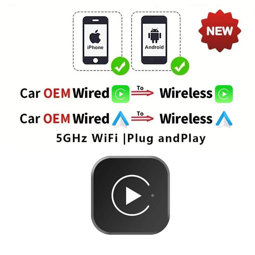 2-в-1 Беспроводной CarPlay-адаптер Беспроводной адаптер Android Auto AI Smart Box Интеллектуальные системы для автомобиля Для автомобиля с проводным CarPlay