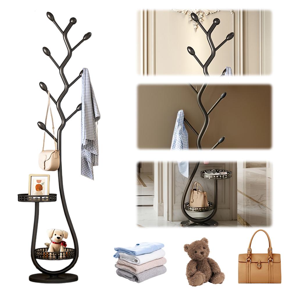 Metal Mobile Clothes Rack Household Single Pole Drying Rack with 8 Hooks Bedroom Imitation Tree Branch Hanging Rack French Minim