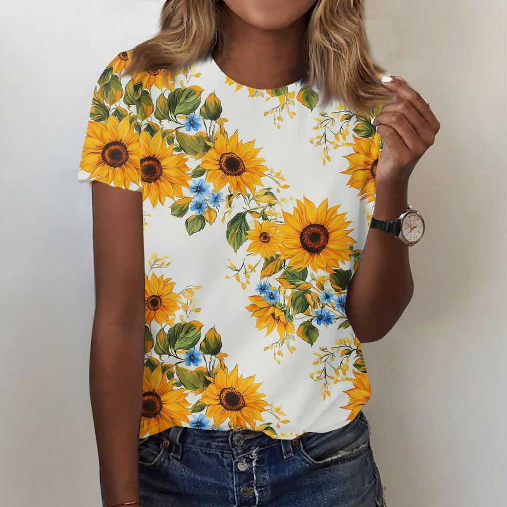 Women's Fashion Casual Printed Round Neck Short Sleeved T-Shirt Top T-Shirt Top Top