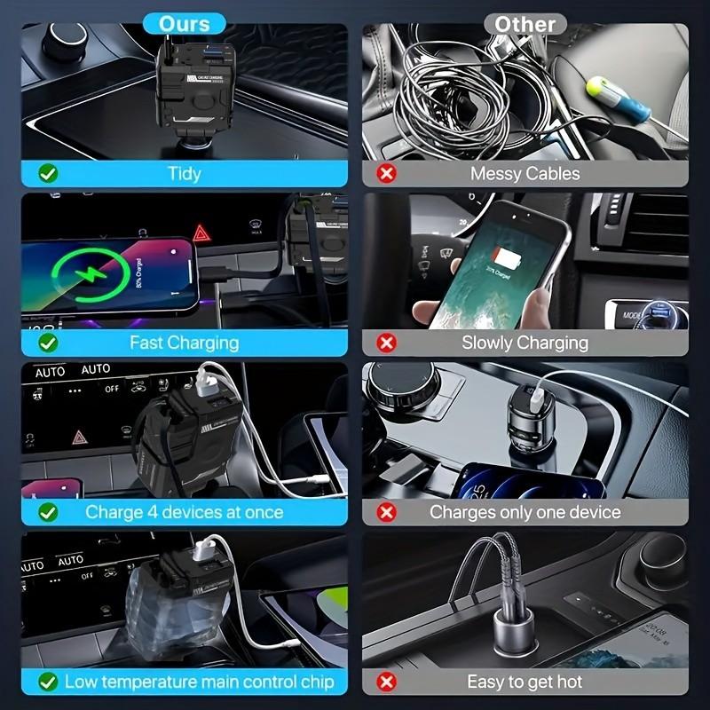 Автомобильное зарядное устройство USB мощностью 48 Вт с 4 портами и вращающейся на 180° головкой — универсальная быстрая зарядка для iPhone/Samsung/Xiaomi