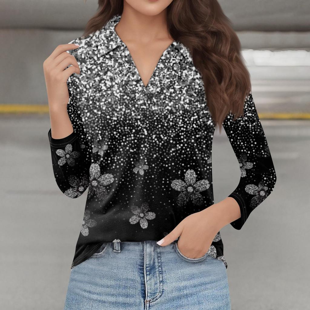 Женская мода повседневная весенняя футболка с V-образным вырезом и лацканами, длинный рукав