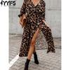 Women's Fashion Spring Fall Leopard Print Long Sleeve V-Neck High Waist Casual Dresses