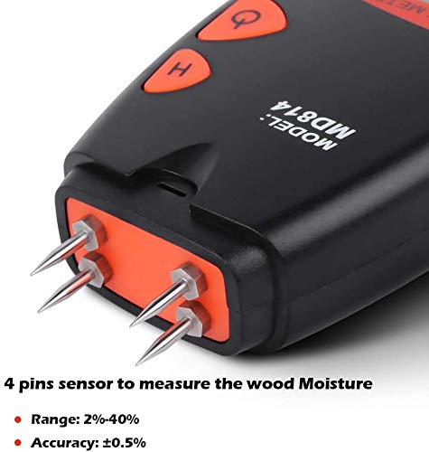 Dr.Meter® Digital Wood Moisture Meter, MD814, for measuring wood moisture (easy to use), 4-pin type, with carrying case