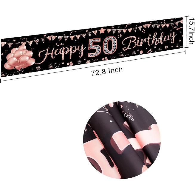 Happy 50th Birthday Banner Decorations for Women, Rose Gold 50 Birthday Sign Party Supplies, Glitter Fifty Birthday Backdrop Decor for Outdoor Indoor