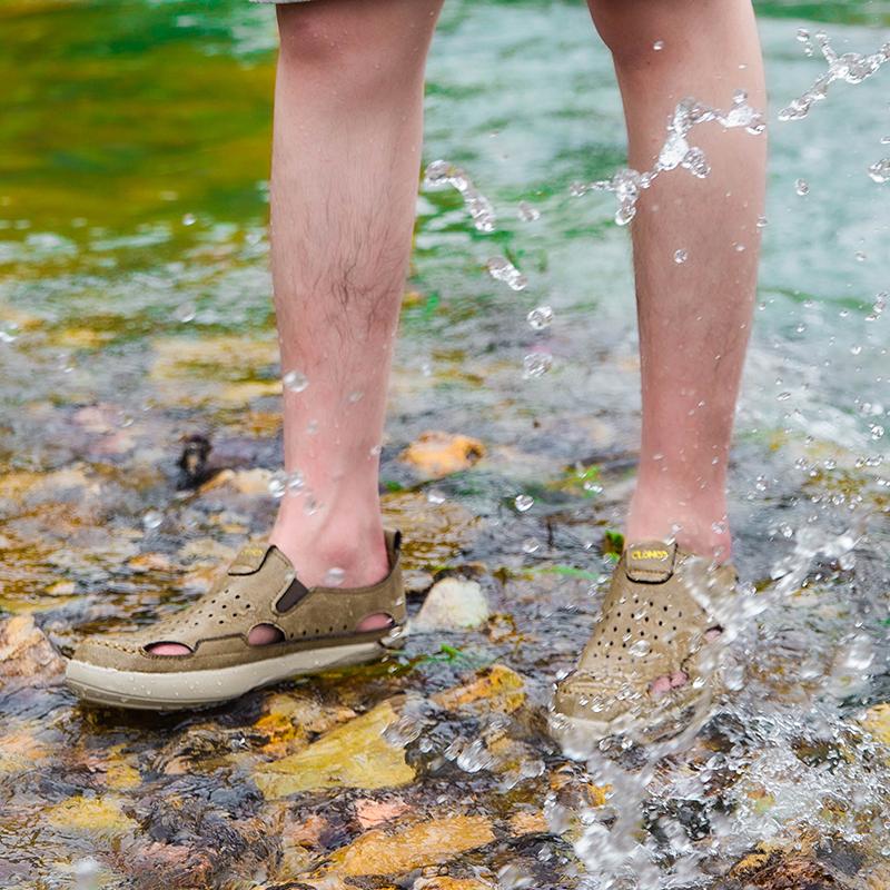 Мужские повседневные кожаные сандалии, прочные, сшитые вручную, с закрытым носком, нескользящие, для использования в помещении, на открытом воздухе, на пляже