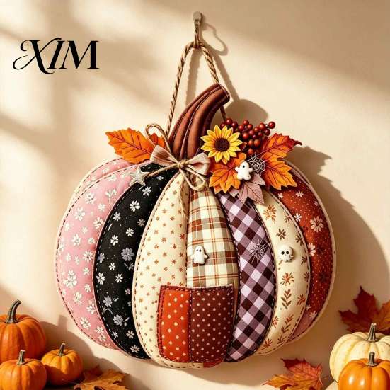 Entryway Decorative Craft Patchwork Pumpkin Wooden Door Hanger, Fall Harvest Halloween Sign Autumn Hanger with Maple Leaves Berries, Farmhouse