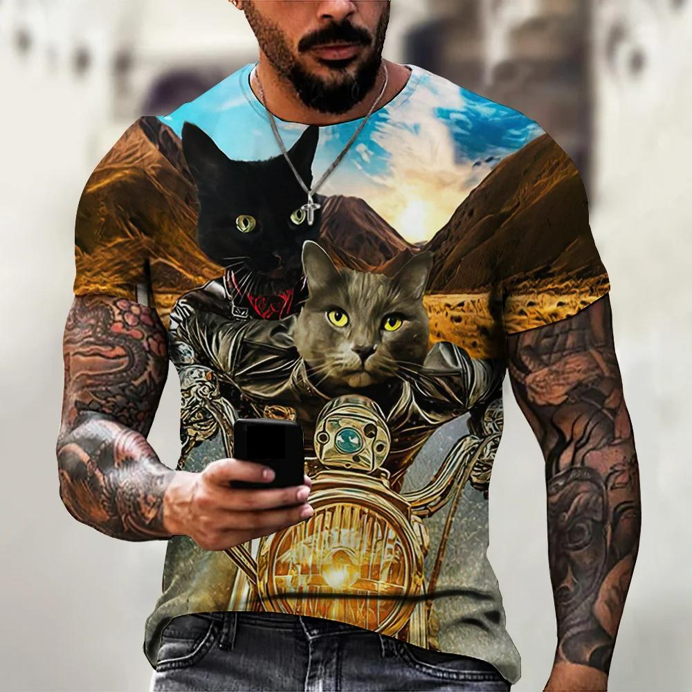 Красивый мотоциклетный кот с принтом, летняя мужская футболка с круглым вырезом, повседневный пуловер большого размера с короткими рукавами, модная тенденция, мужская одежда