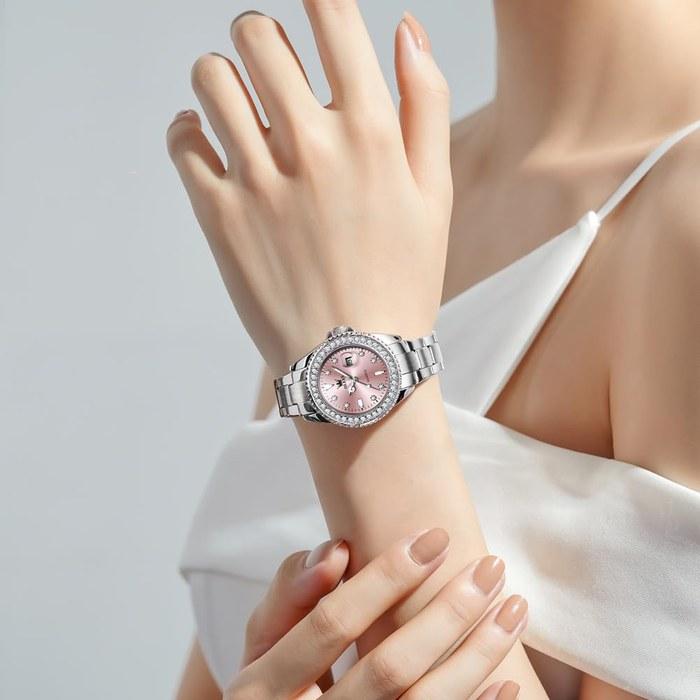 OLEVS Women's Watch Stainless Steel Quartz Diamond Dial Luminous Easy-to-Read 30m Waterproof Pink