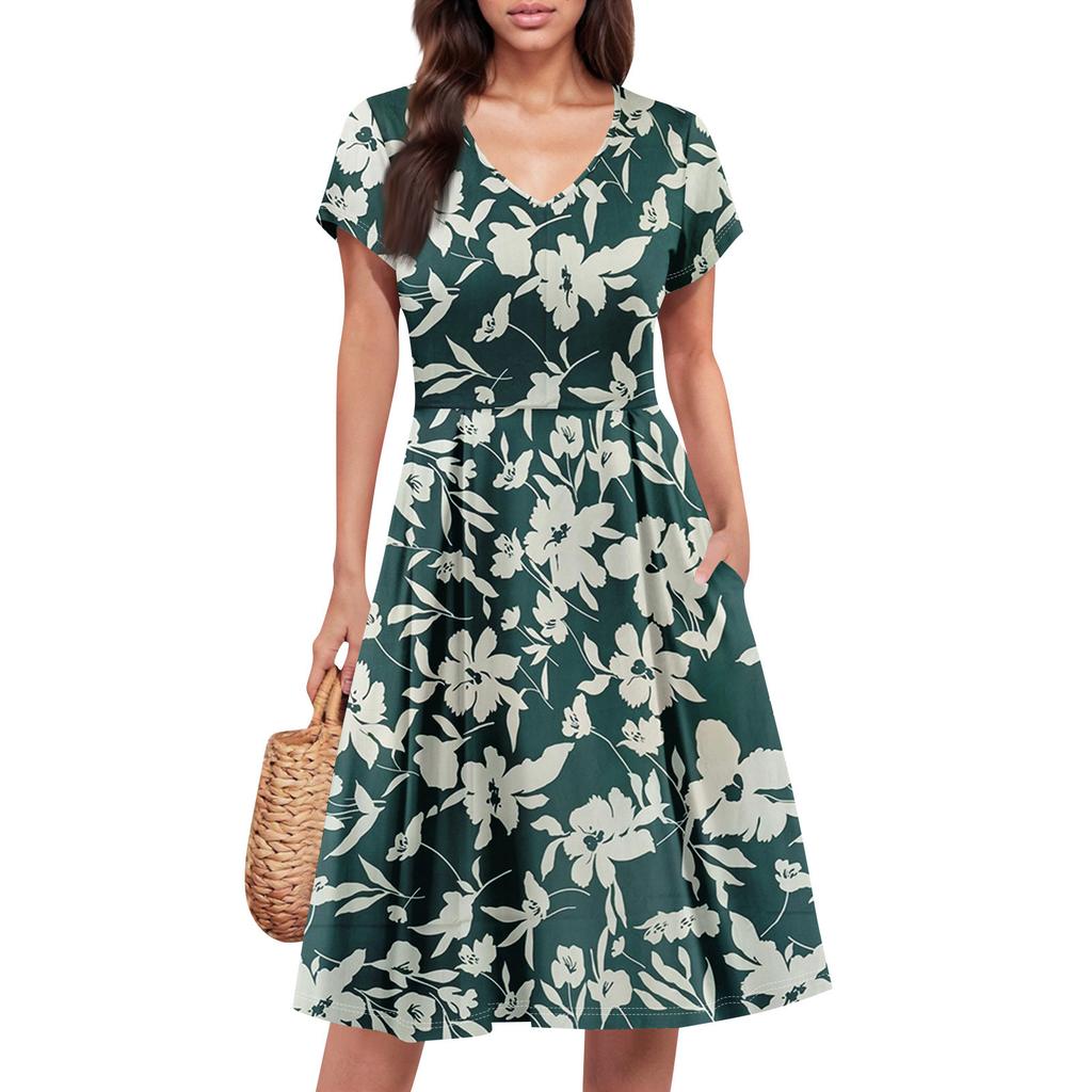 Womens Summer Dress Short Sleeve V Neck Short Dresses Fashion Casual Flowy A Line Swing Sundress With Pocket