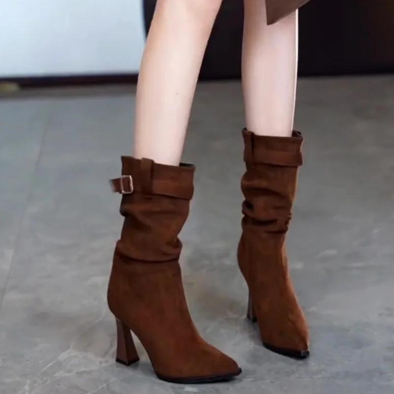 Vintage Women Mid Calf Boots Fashion Pointed Toe Modern Booties Autumn Winter Thick Heel Ladies Shoes Botas Mujer