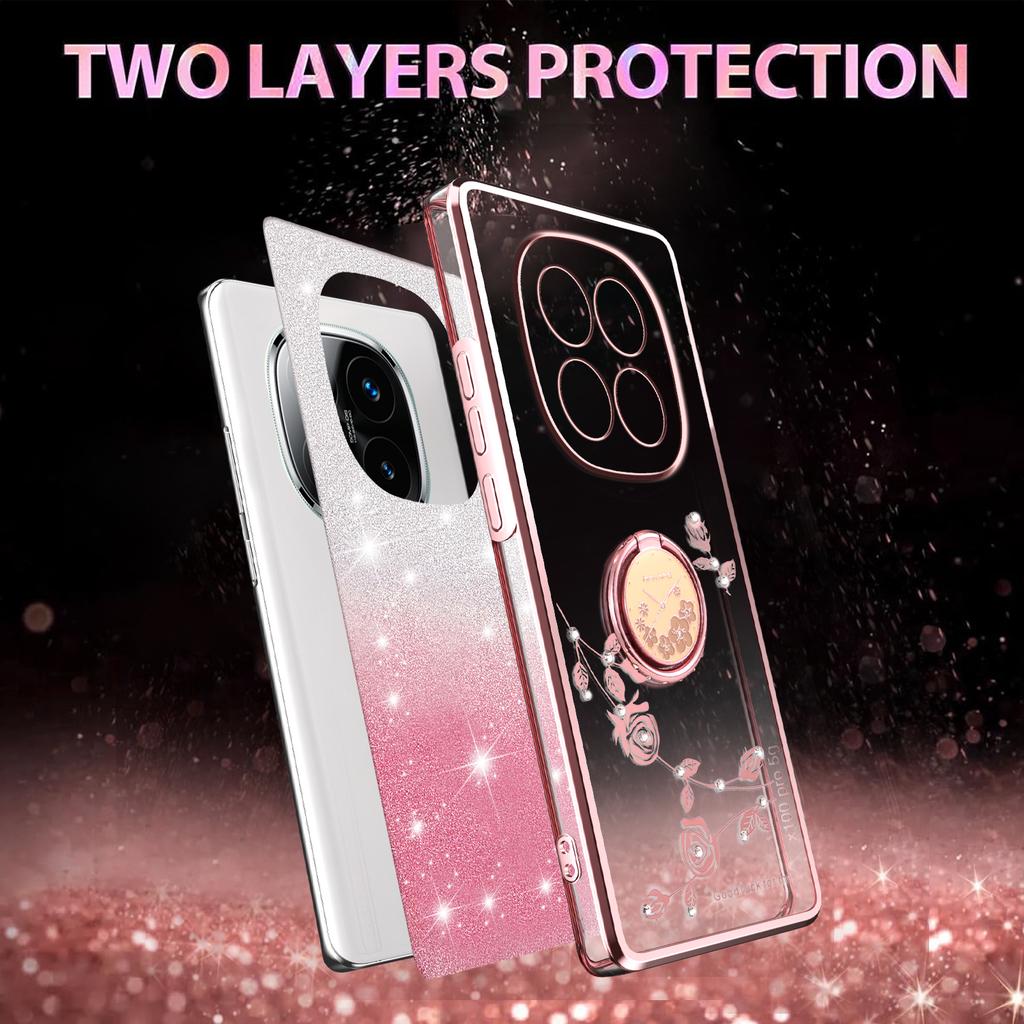 For Xiaomi Redmi Note 14 Pro+ 5G Case Ring Kickstand TPU Flowers Phone Cover Gradient Glitter