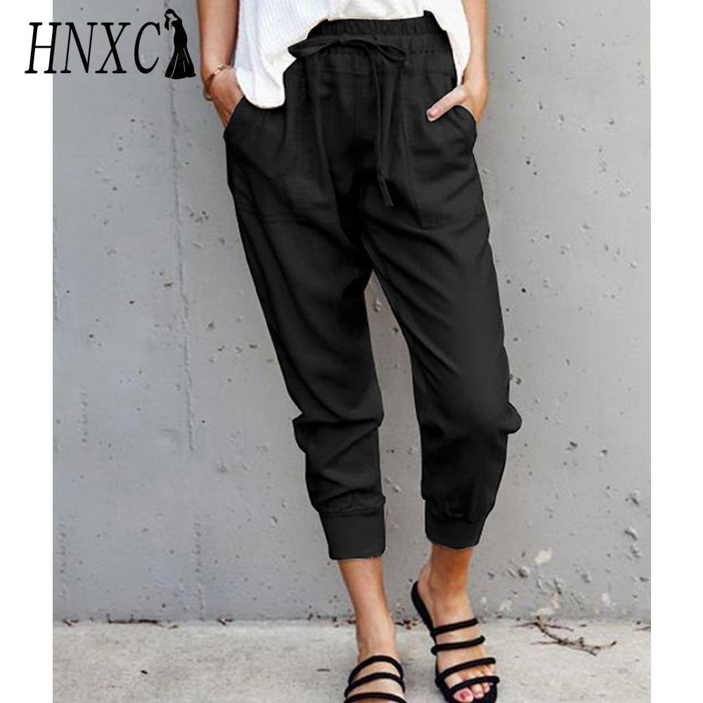 HNXC Летние женские свободные брюки большого размера однотонные простые на шнуровке прилегающие повседневные брюки-капри