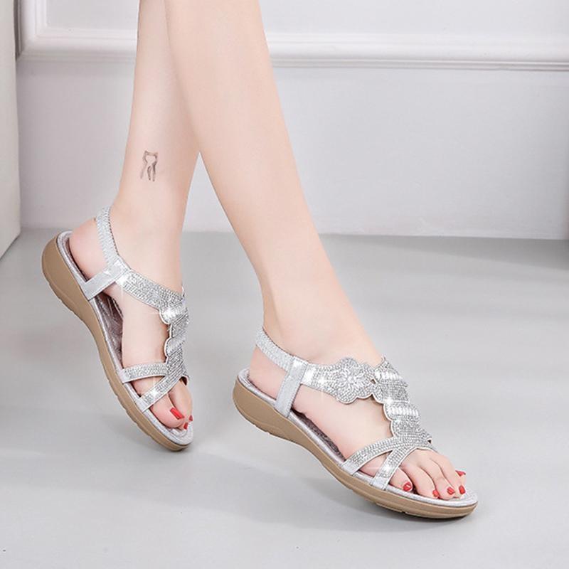 Женские модные сандалии со стразами, летние сандалии на плоской подошве, женская элегантная обувь на плоской подошве, роскошные сандалии-гладиаторы