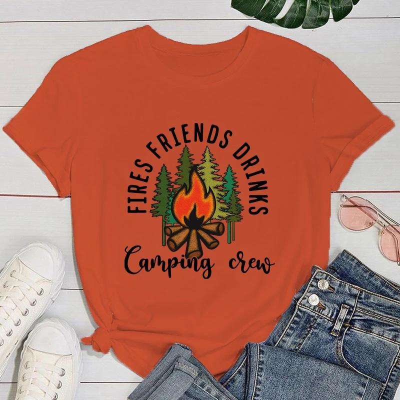 (Премиум-футболка)Женские модные футболки с принтом 'Костры, друзья, напитки, кемпинг', летние повседневные свободные с круглым вырезом