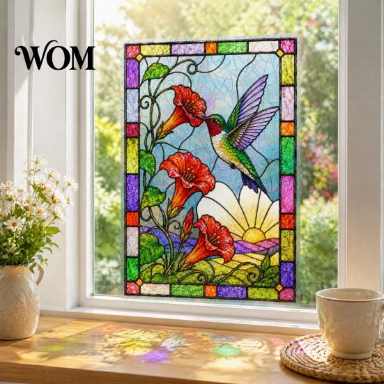 Electrostatic Adsorption Floral Film Stained Glass Static Window Clings, Hummingbird Flower Stickers, Removable No Glue Decal PVC Decals for Home Door