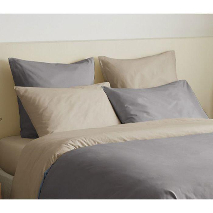Pack complet 6 pièces Taupe/Lin réversible housse de couette pour lit 180 x 200 cm "King size"