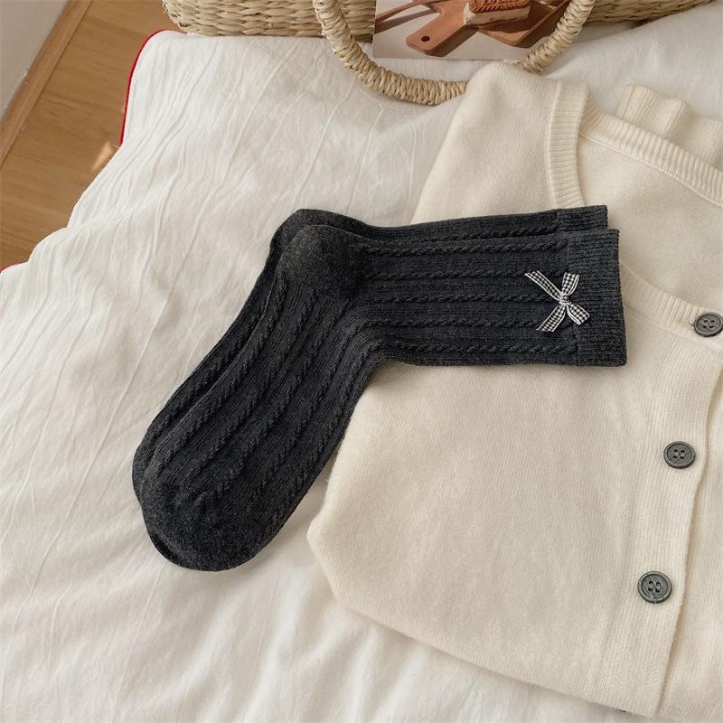 Autumn and Winter Three-dimensional Bow Boneless Mid-calf Socks, Sweet Socks, Women's Lace Socks, Grey Twisted Pile Socks