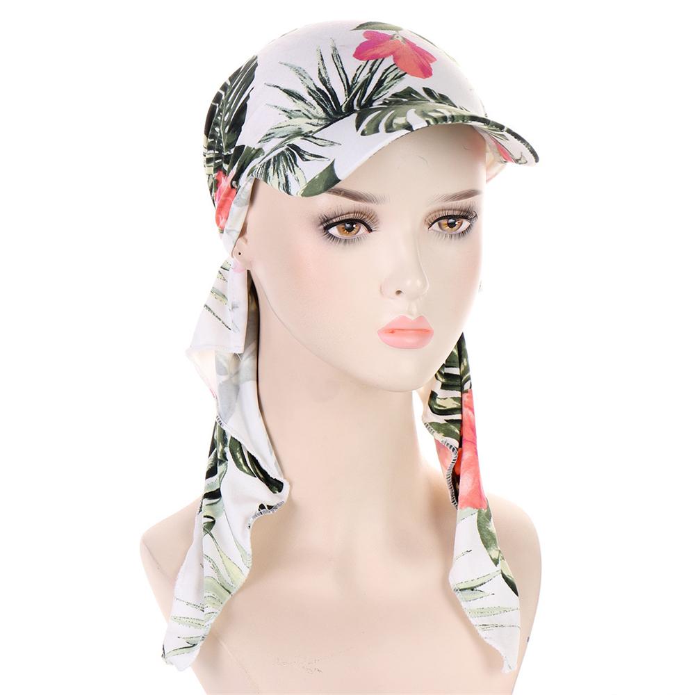2025 Print Pre-Tied Hat Women Muslim Long Tail Headscarf Hijab Turban Visor Chemo Cap Bonnet Hair Loss Head Wrap Turbante Mujer