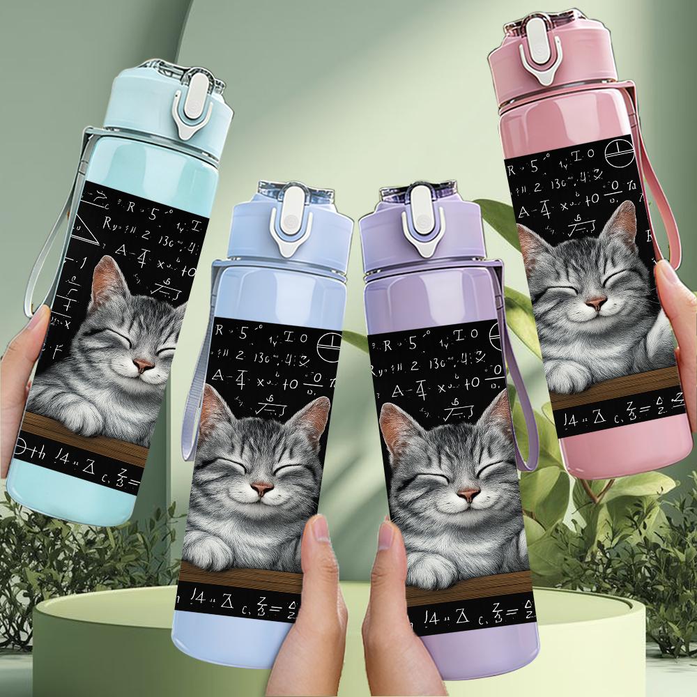 1PC Grey Cat Blackboard Scene 750ml Color Plastic Sports Water Bottle Leakproof Flip Straw Lid For Sports Office Home Use