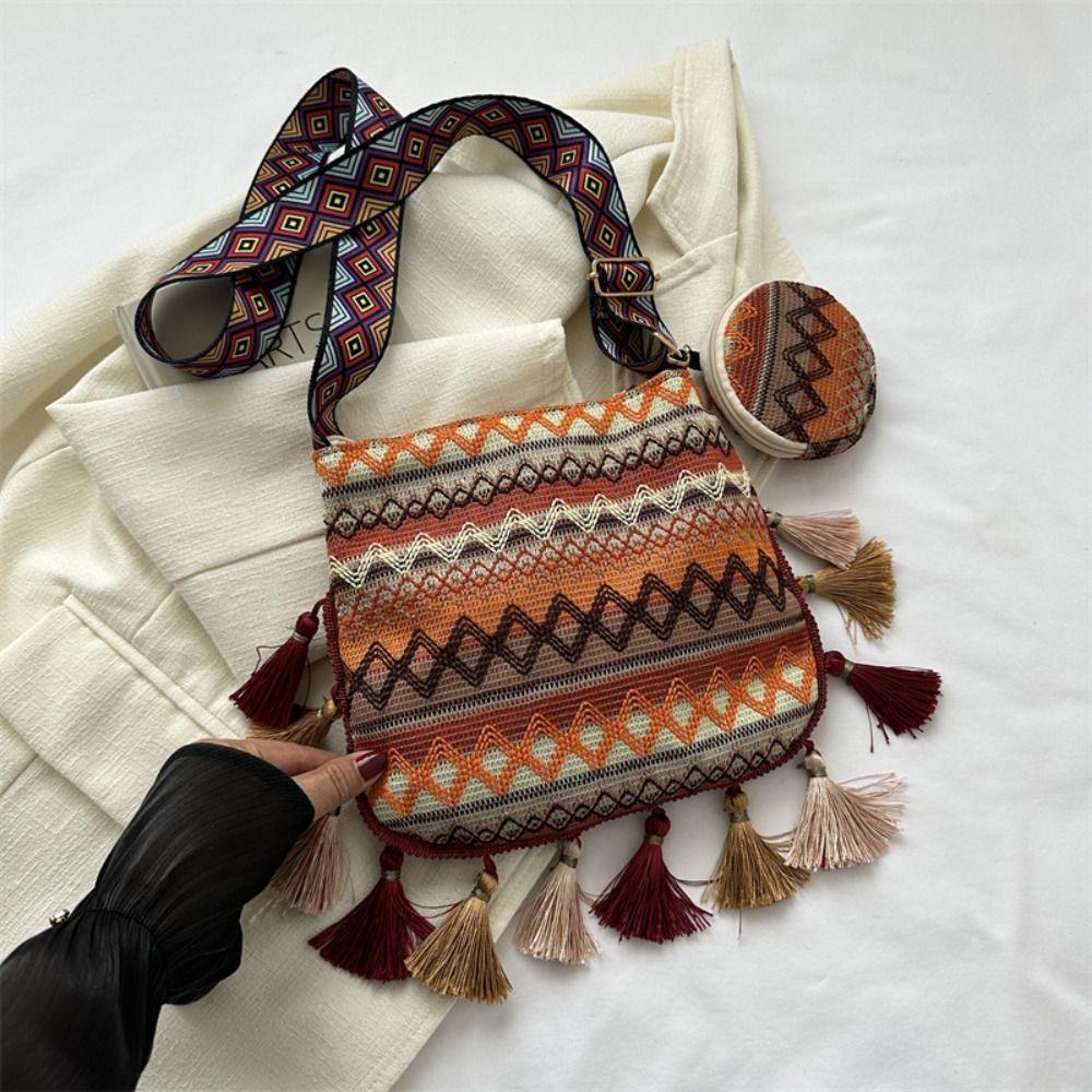 Плетеная сумка Этнический стиль Сумки через плечо Сумка через плечо в стиле бохо с кисточками Сумка через плечо с бахромой Уличная сумка через плечо