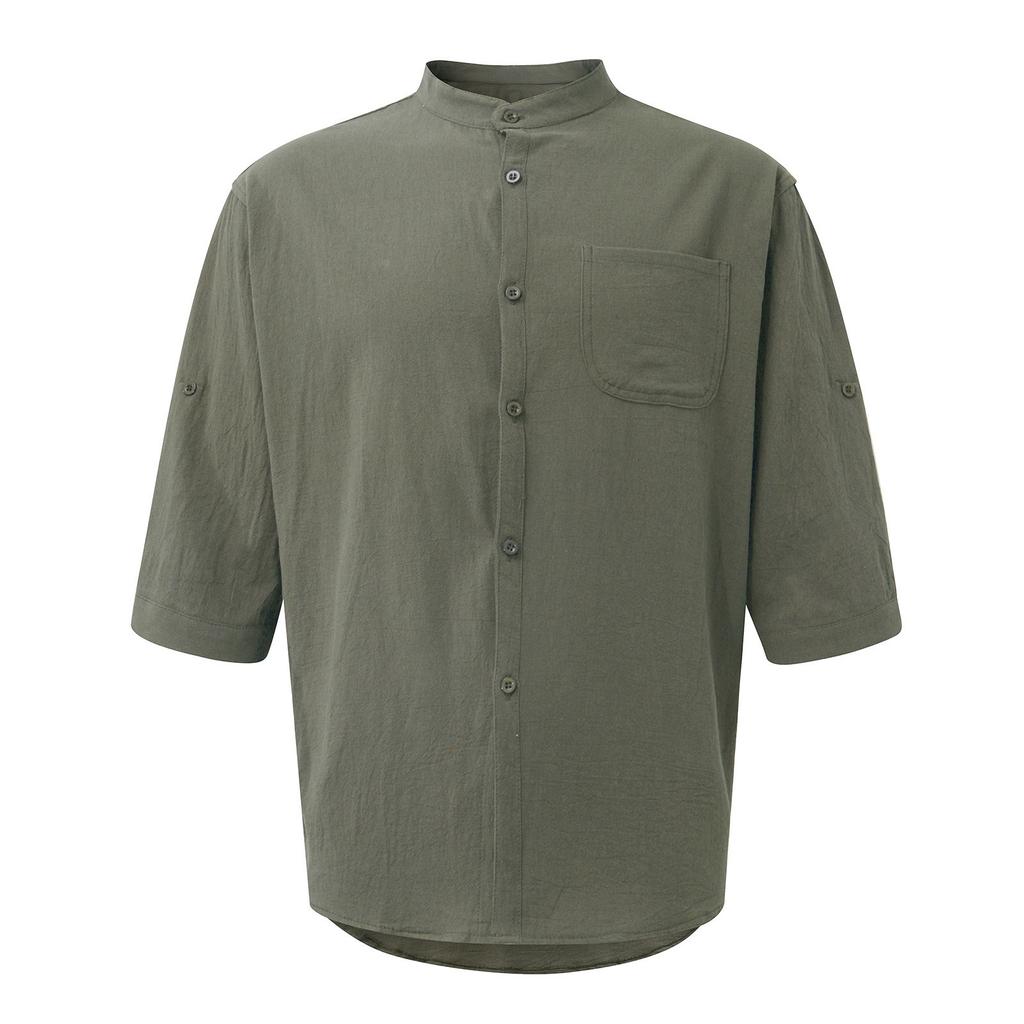 Мужская летняя рубашка с воротником-стойкой и половиной рукава, хлопковая и льняная свободная рубашка большого размера с рукавом три четверти