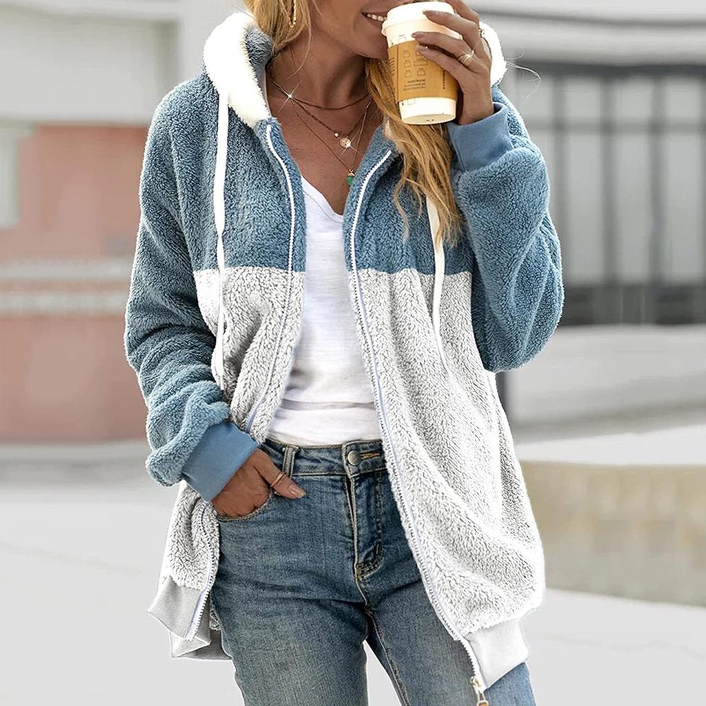 Женская свободная плюшевая куртка большого размера с разноцветными панелями на молнии с капюшоном