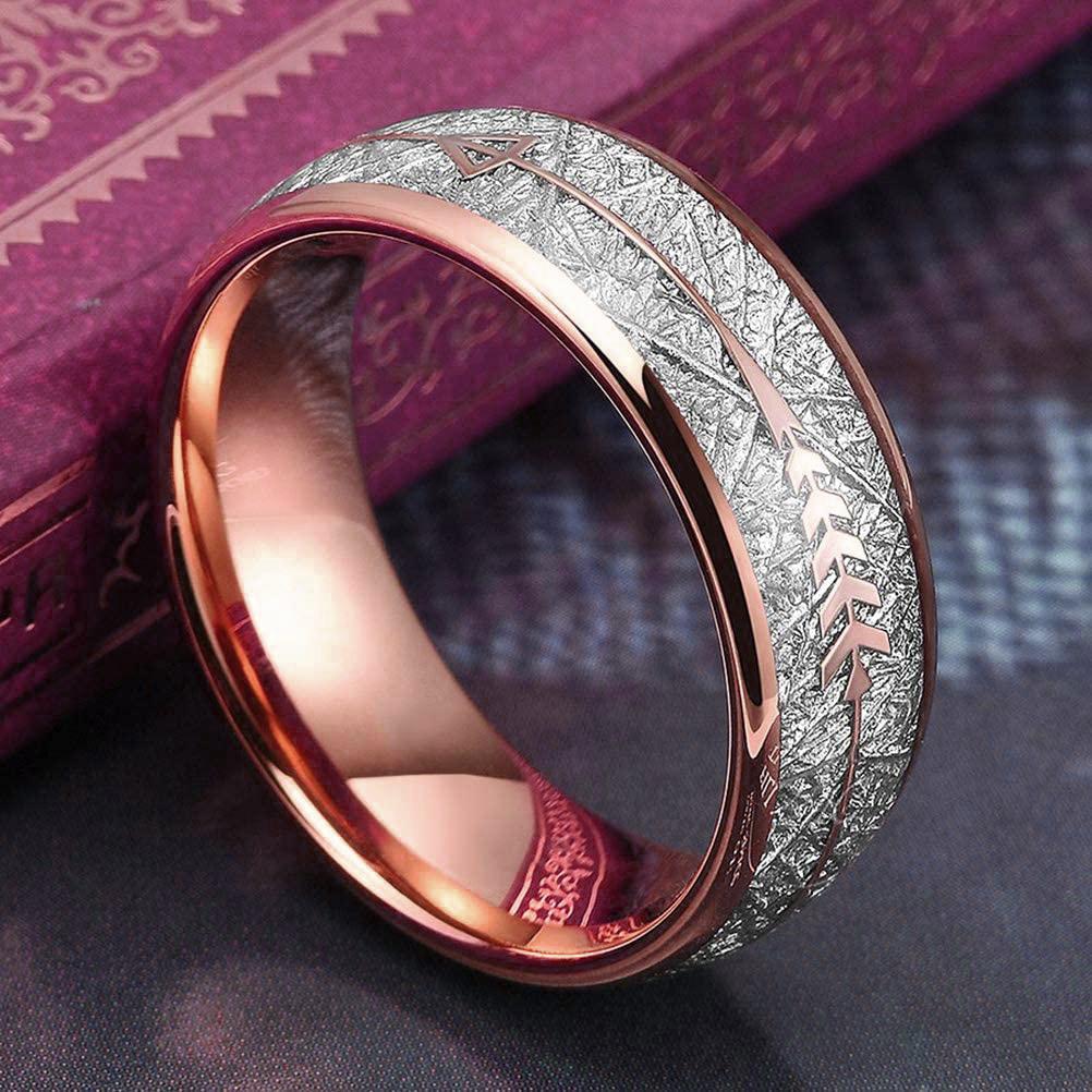 Fashion 8mm Rose Gold Color Tungsten Wedding Arrow Ring For Men Vintage Meteorite Pattern Engagement Steel Ring Men Wedding Band
