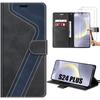 Case for Samsung Galaxy S24 Plus - Soft Shockproof PU Leather Cover - Black-Navy Blue - 2 Tempered Glasses