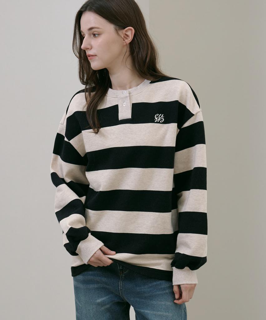 EVENCIA Oatmeal Black Striped Henry Sweatshirt