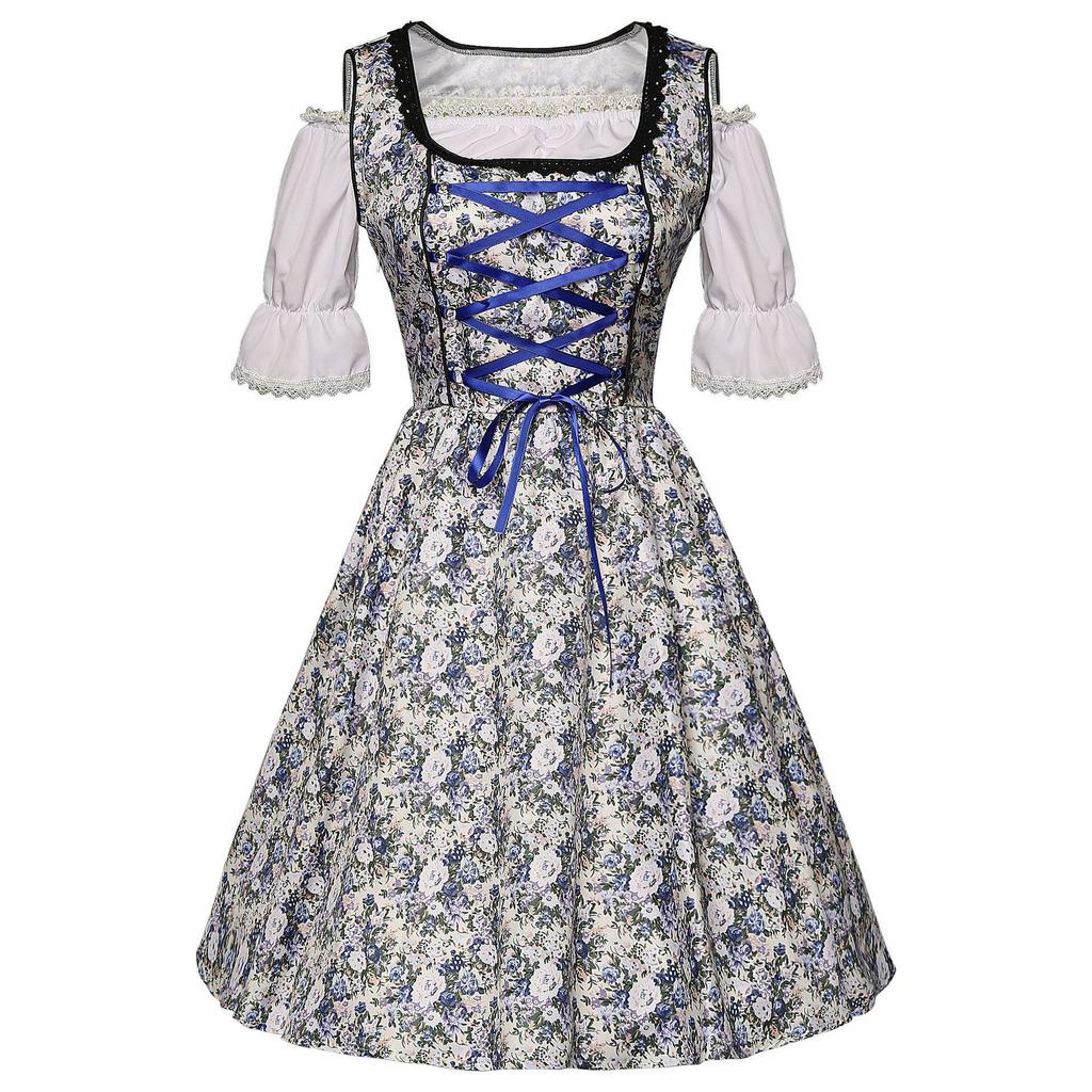 Plus Size Blue & White Floral Oktoberfest Beer Dress Costume for Stage