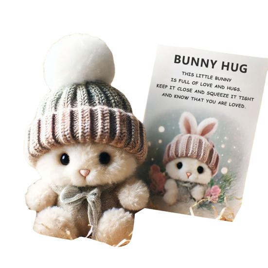 Mini Bunny Hug Easter Gift Plush Stuffed Rabbit Doll with Knitted Hat And Pom Pom Pocket Emotional Support Animal with Gift Box Inspirational Card