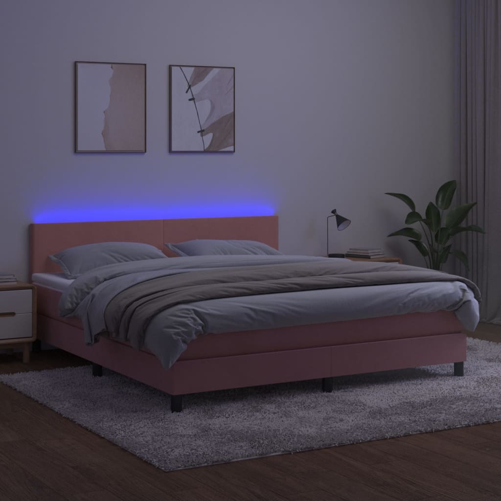 Vidaxl Łóżko Kontynentalne Z Materacem I Led, Różowy Aksamit 180X200Cm
