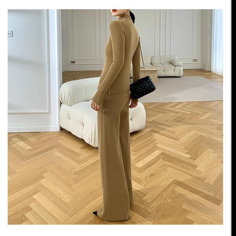 Женский весенне-осенний и зимний повседневный комплект из трикотажных брюк, однотонное утепленное пальто + широкие брюки, комплект из трех предметов