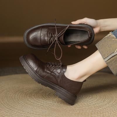Новые женские повседневные маленькие кожаные туфли на толстой подошве, нескользящие, удобные, с низким верхом, с мелким вырезом, с круглым носком, на шнуровке, большого размера, женские демисезонные
