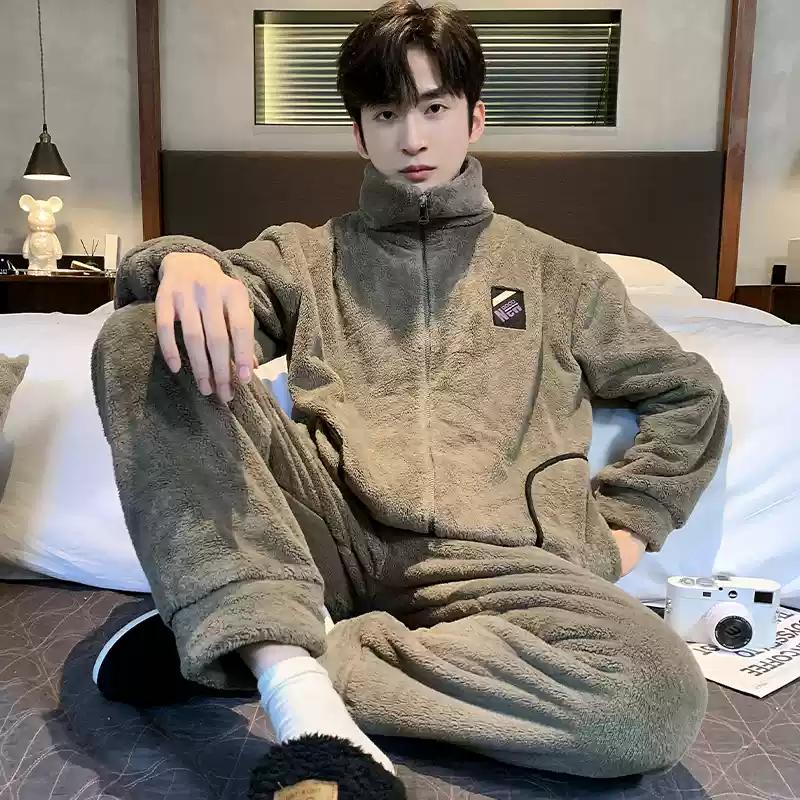 Зимняя мужская фланелевая утепленная теплая пижамная одежда с застежкой-молнией, брюки с длинным рукавом, домашняя одежда для молодых мальчиков, пижамы