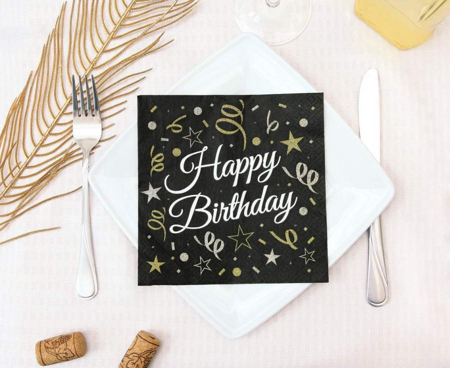 Happy Birthday Napkins Black 33X33Cm 20Pcs