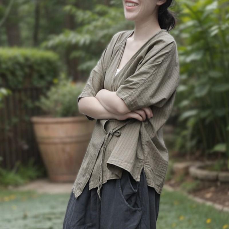 Johnature Женские винтажные блузки Летние рубашки с V-образным вырезом и коротким рукавом Топы с поясом Рубашки в китайском стиле Женские рубашки