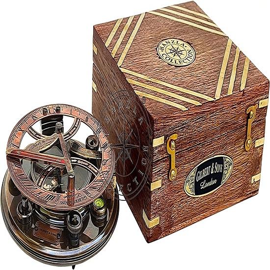 5 Inch Steampunk Gilbert Sundial Compass – Top Grade Handcrafted Brass Sundial In Wood Box with Equation Chart