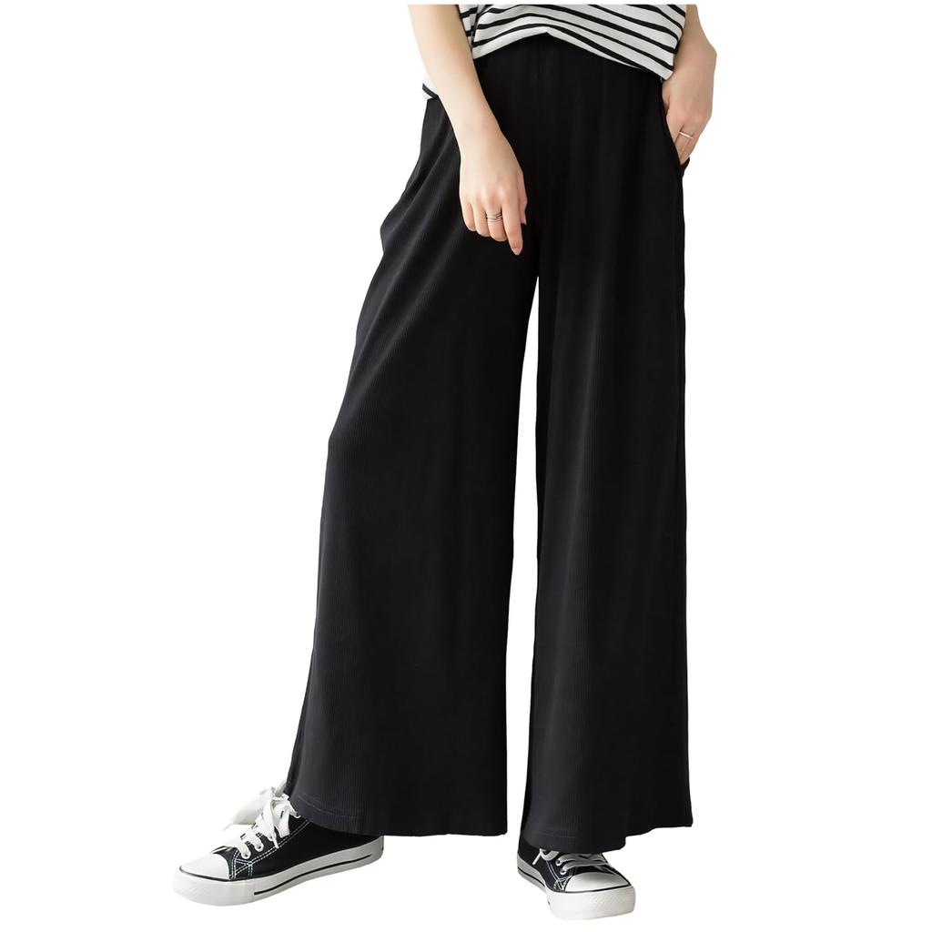 Crossmarberry Relaxed Cotton Plus Elastic Solid Women's Wide-Leg Pants, Sizes, Black, Waist, Drawstring, Ribbed, Loungewear, Flattering, Color,