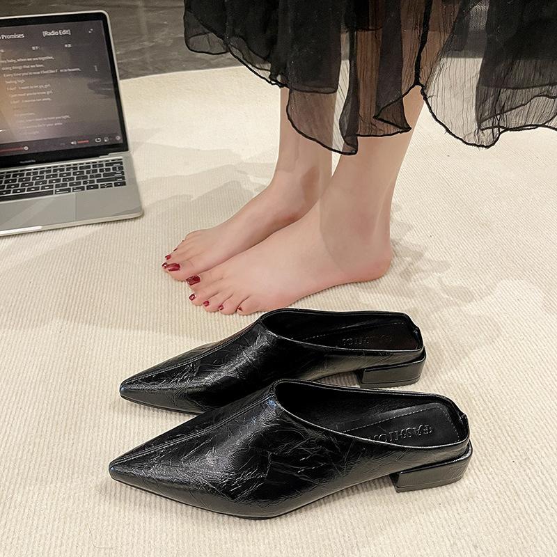 Премиальные минималистичные золотистые текстурированные мягкие кожаные остроносые тапочки Baotou на толстом каблуке, женские летние сандалии Muller