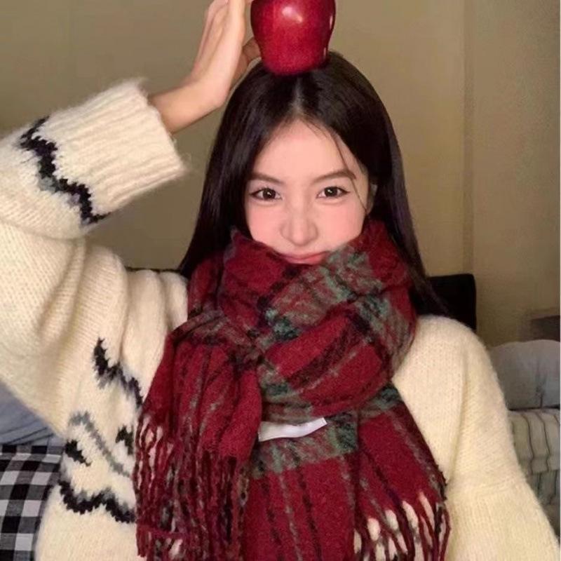 Women's Winter Red Plaid Scarf, Korean Style Shawl, Thick Dual-Use Neck Warmer for Men and Women