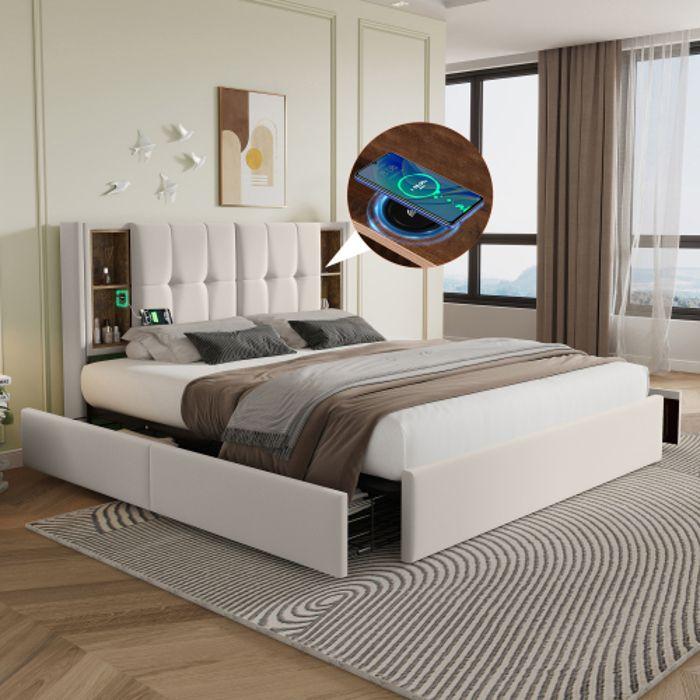 Doppelbett mit Kabellosem Laden USB C&amp; 4 Schubladen , Polsterbett Bettgestell 160x200cm,Lattenrost aus Holz-Beige Samt(Mit Matratze)