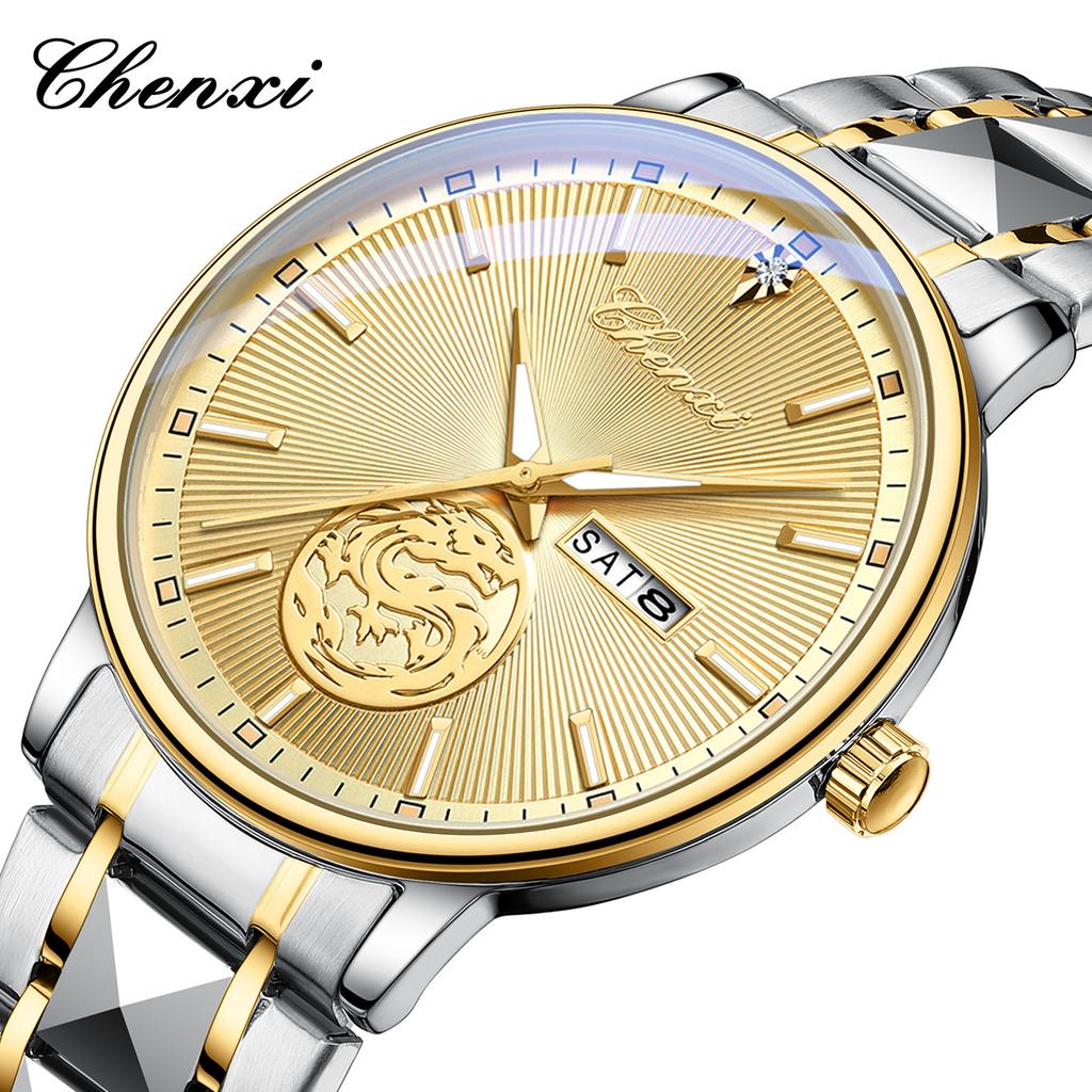 Chenxi Luxury Watch Men Golden Dragon Pattern Stainless Steel Fashion Quartz Wristwatches Curved Mirror Watches For Men Business