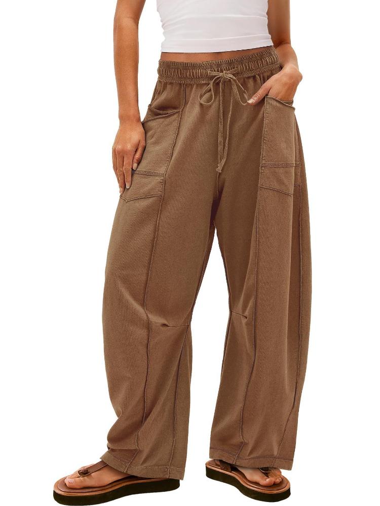 Женские бежевые брюки широкого кроя с кулиской на талии и боковыми карманами