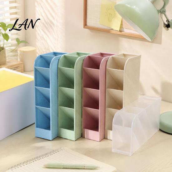 Stationery Storage Box Slanted Pen Holder with 5 Compartments, Plastic Organizer, Desk Organizer Macaron Colors Space Saving Pencil Cup for
