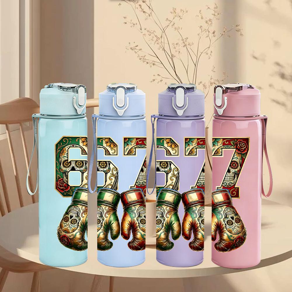 1PC Ornate Number Sixty Seven Art 750ml Color Plastic Water Bottle Leakproof Flip Straw Lid For Sports Office Home Use