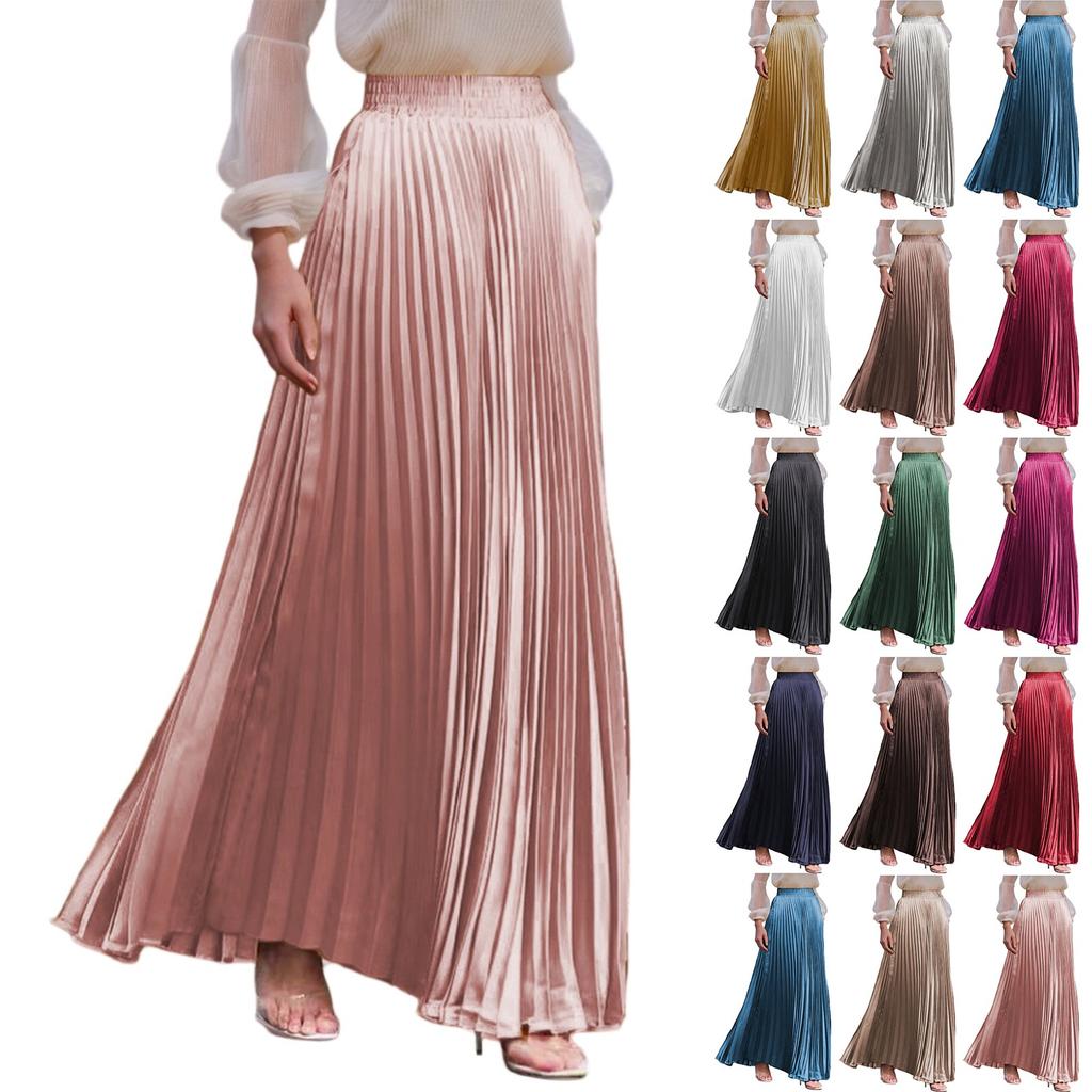 Women's Casual Pleated Solid Color Half Skirt, Pleated A-line Skirt, Large Swing Floor-length Skirt