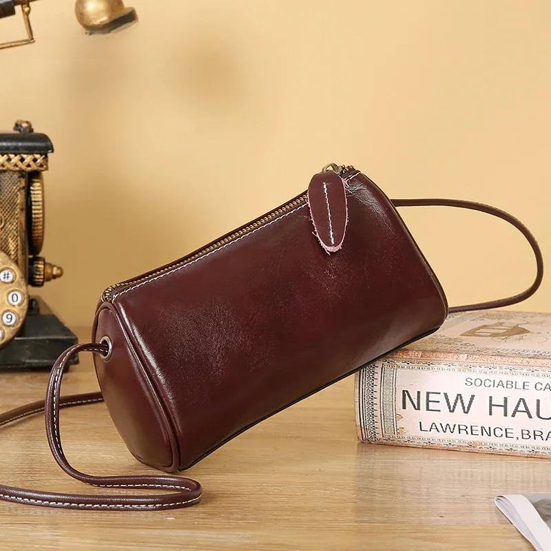 Popular Genuine Cowhide Cylinder Bags Retro Fashion Messenger Bag Women Designer Shoulder Bag