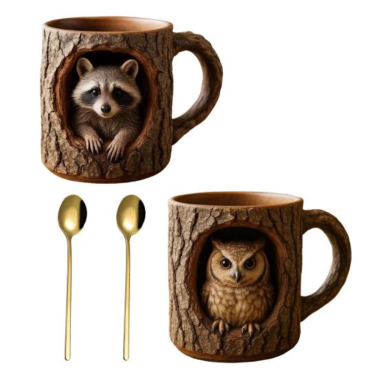 Забавная кружка с енотом, кружка с текстурой коры, кружка из смолы с животным, кофейная чашка ручной работы, барная пивная кружка, подарок для любителей природы